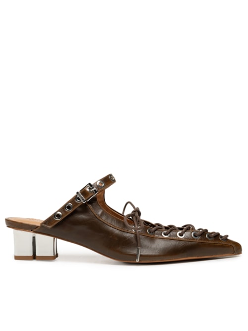 Mule Feminino Eyelets Lace Up Crinckle Oleatex - Marrom
