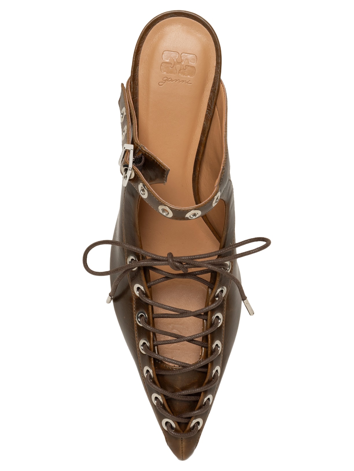 Mule Feminino Eyelets Lace Up Crinckle Oleatex Marrom Ganni