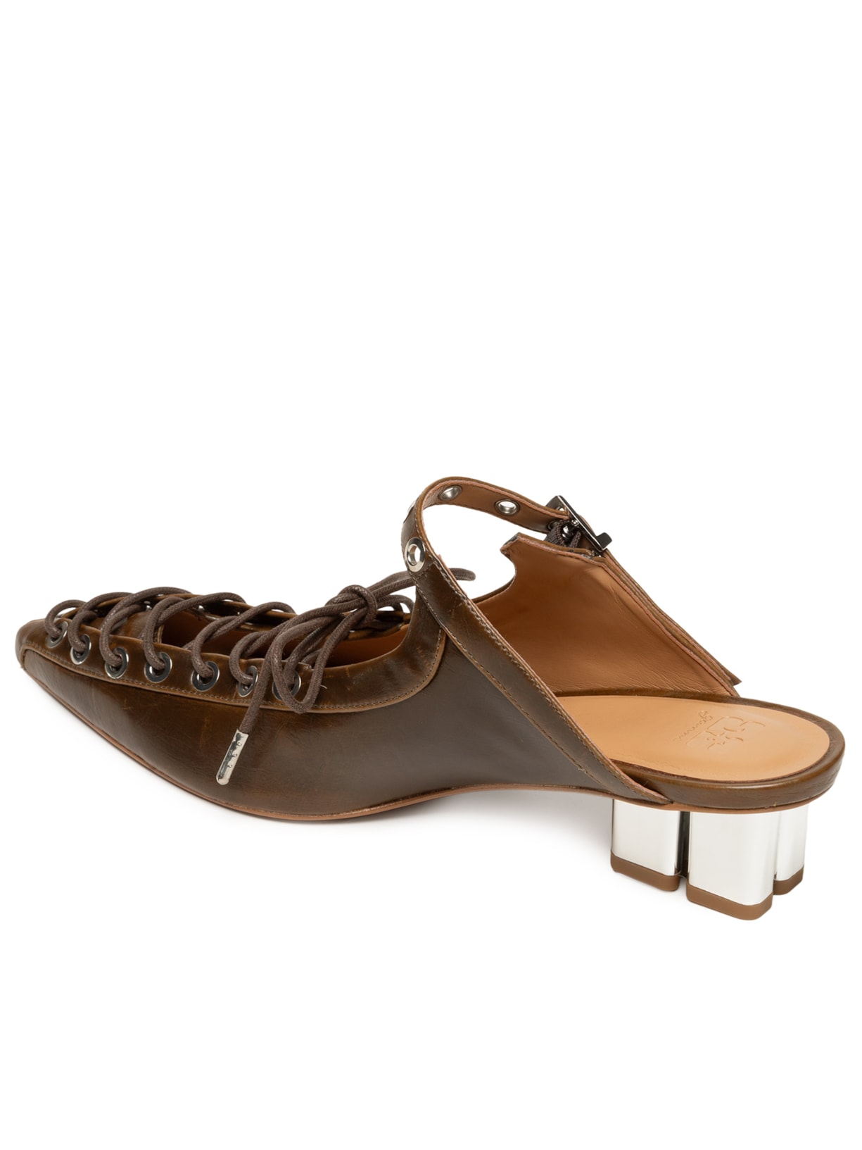 Mule Feminino Eyelets Lace Up Crinckle Oleatex Marrom Ganni