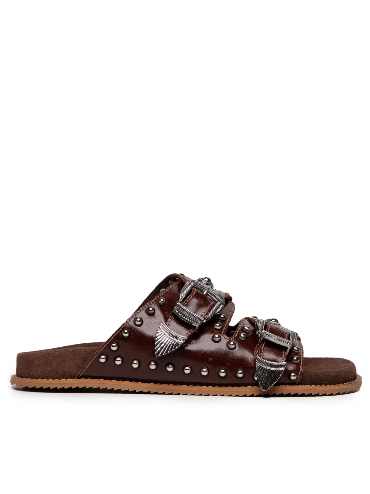 Papete Feminina Em Couro Com Fivela E Tachas Metálicas - Marrom