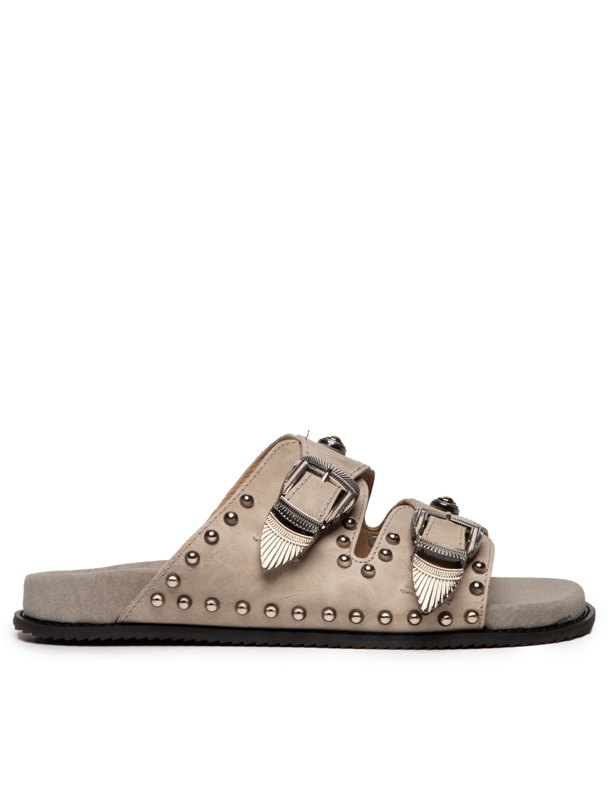 Papete Feminina Em Couro Com Fivela E Tachas Metálicas - Off White