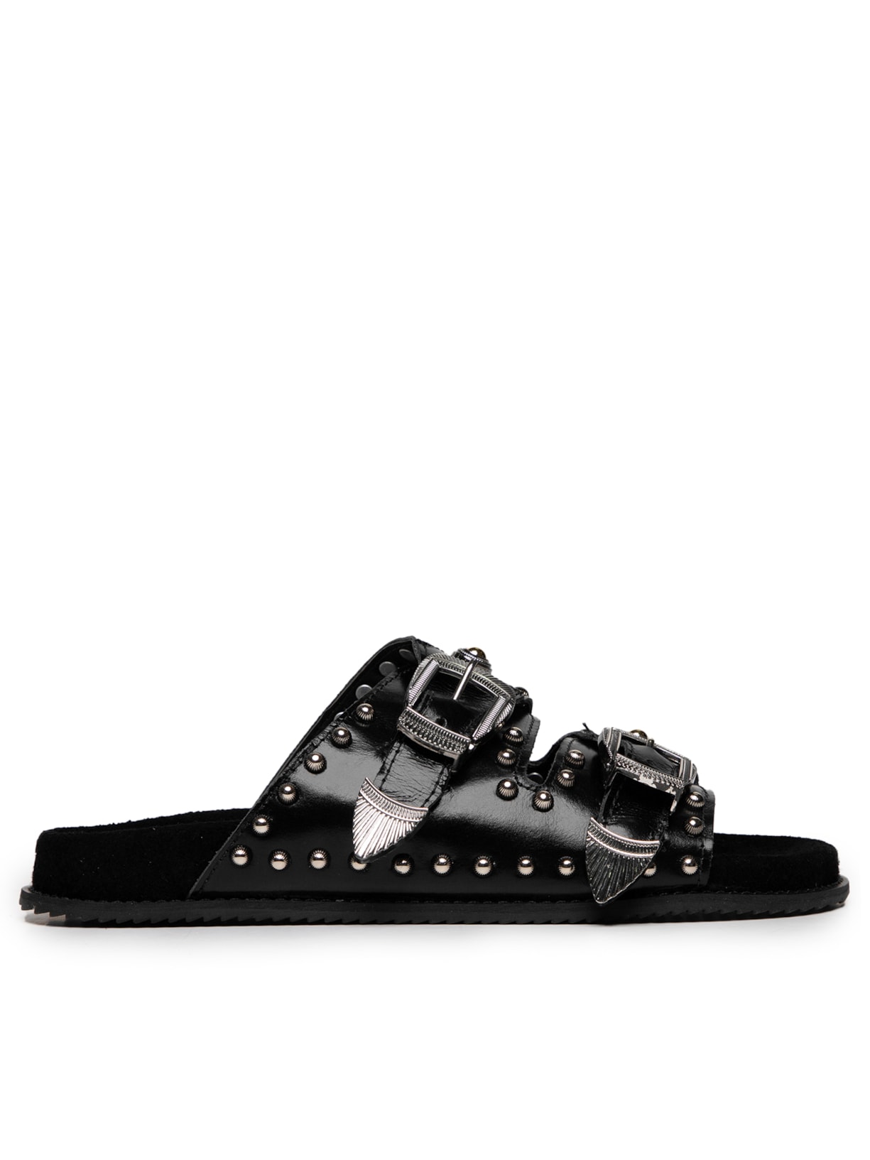 Papete Feminina Em Couro Com Fivela E Tachas Metálicas - Preto