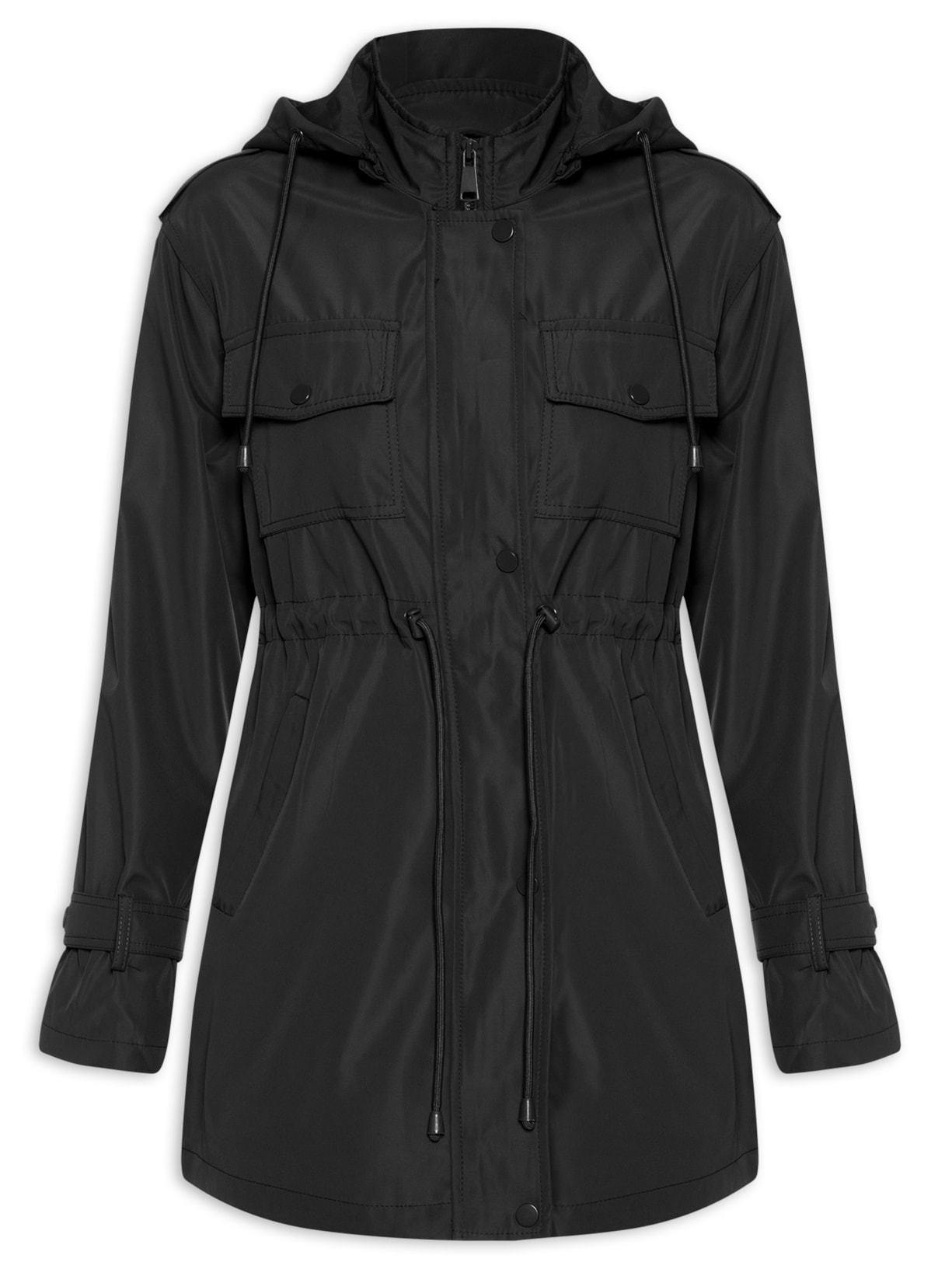 Parka Feminina Com Bolsos E Ajuste Na Cintura - Preto