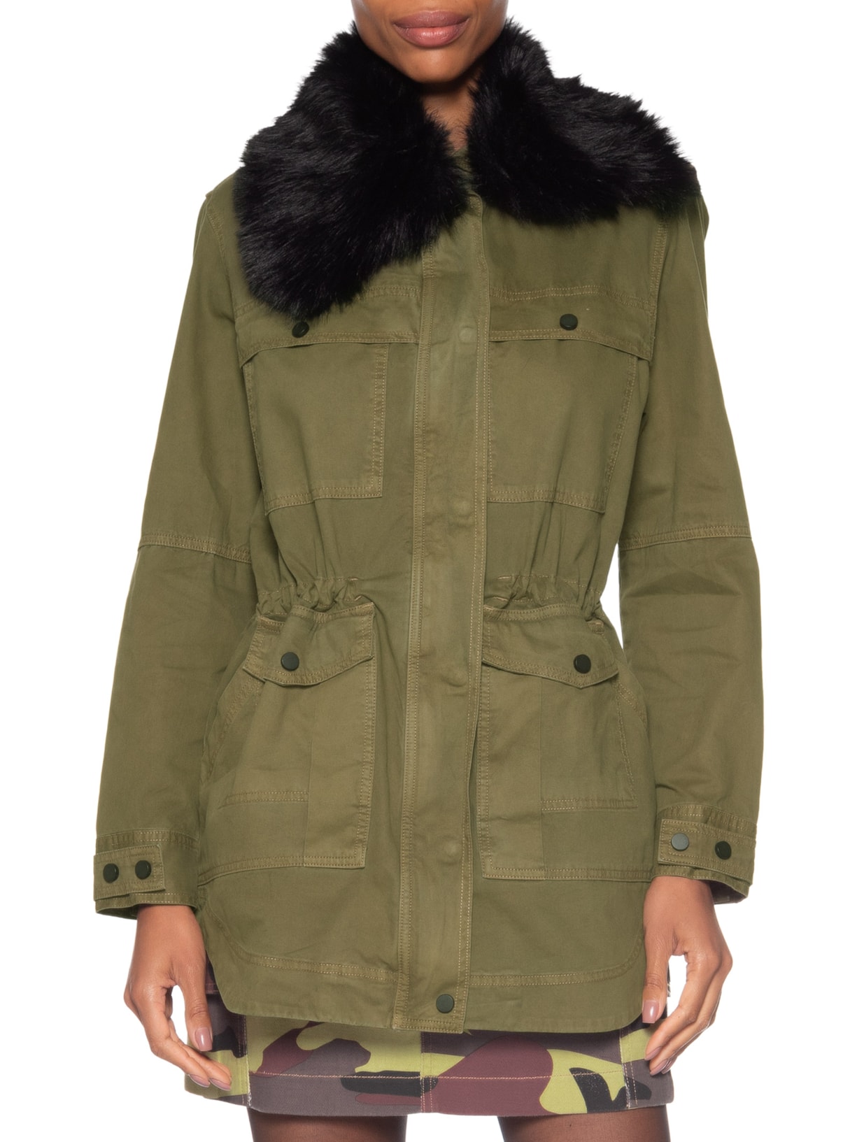 Parka Feminina Sarja Gola Fur Verde Animale Jeans