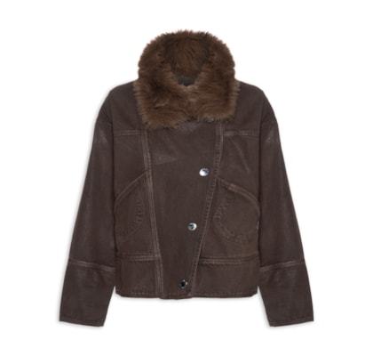 Parka Feminina Sarja Resinada Gola Fur - Marrom