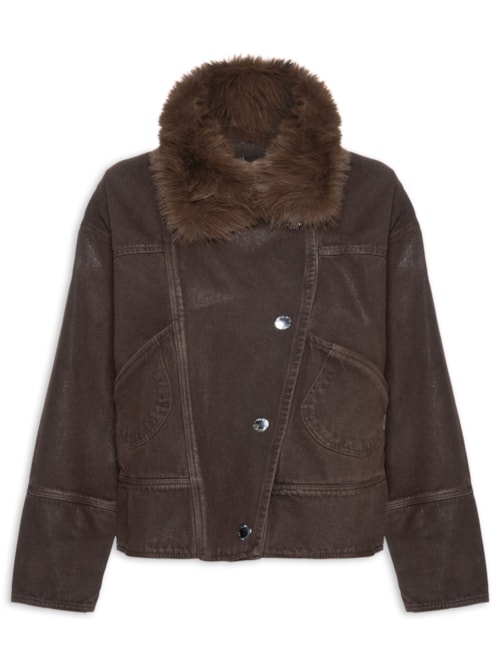 Parka Feminina Sarja Resinada Gola Fur - Marrom