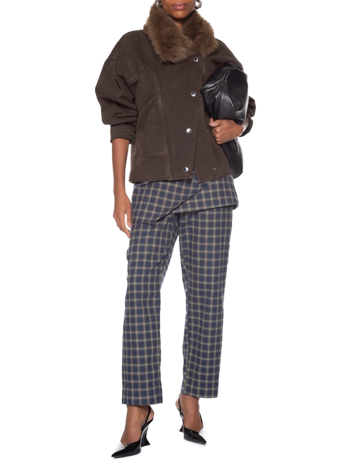 Parka Feminina Sarja Resinada Gola Fur Marrom Animale Jeans