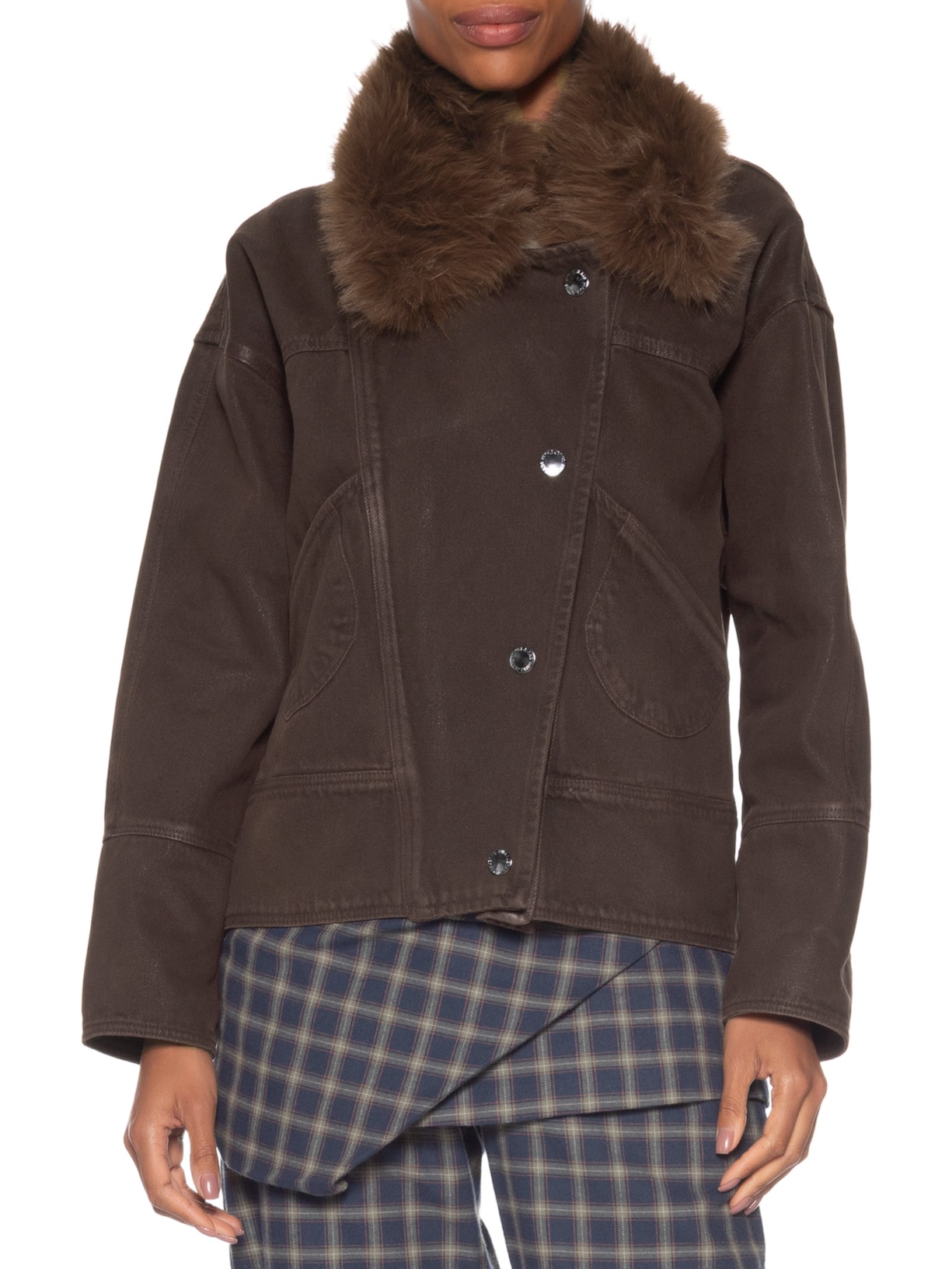 Parka Feminina Sarja Resinada Gola Fur Marrom Animale Jeans