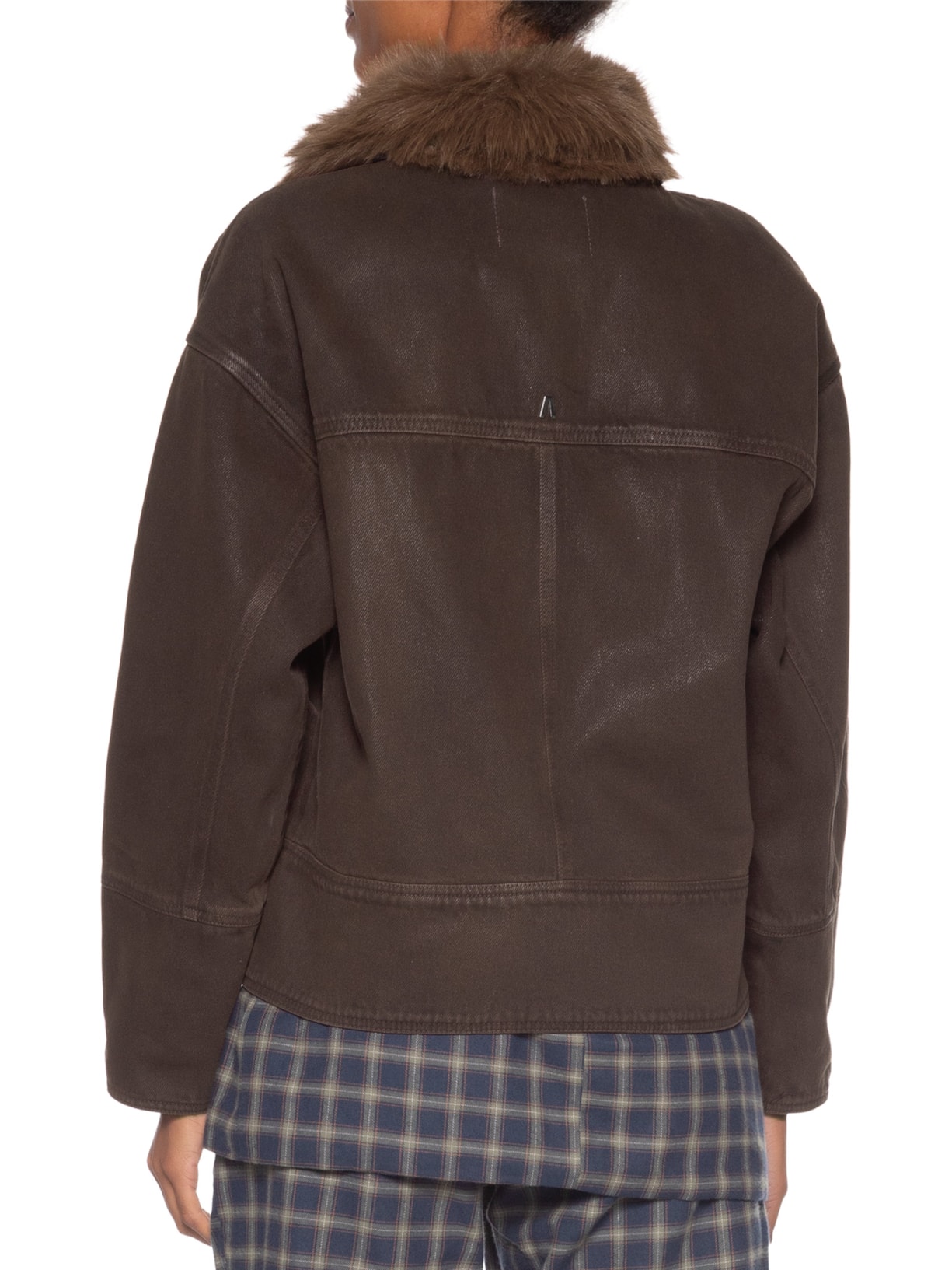 Parka Feminina Sarja Resinada Gola Fur Marrom Animale Jeans