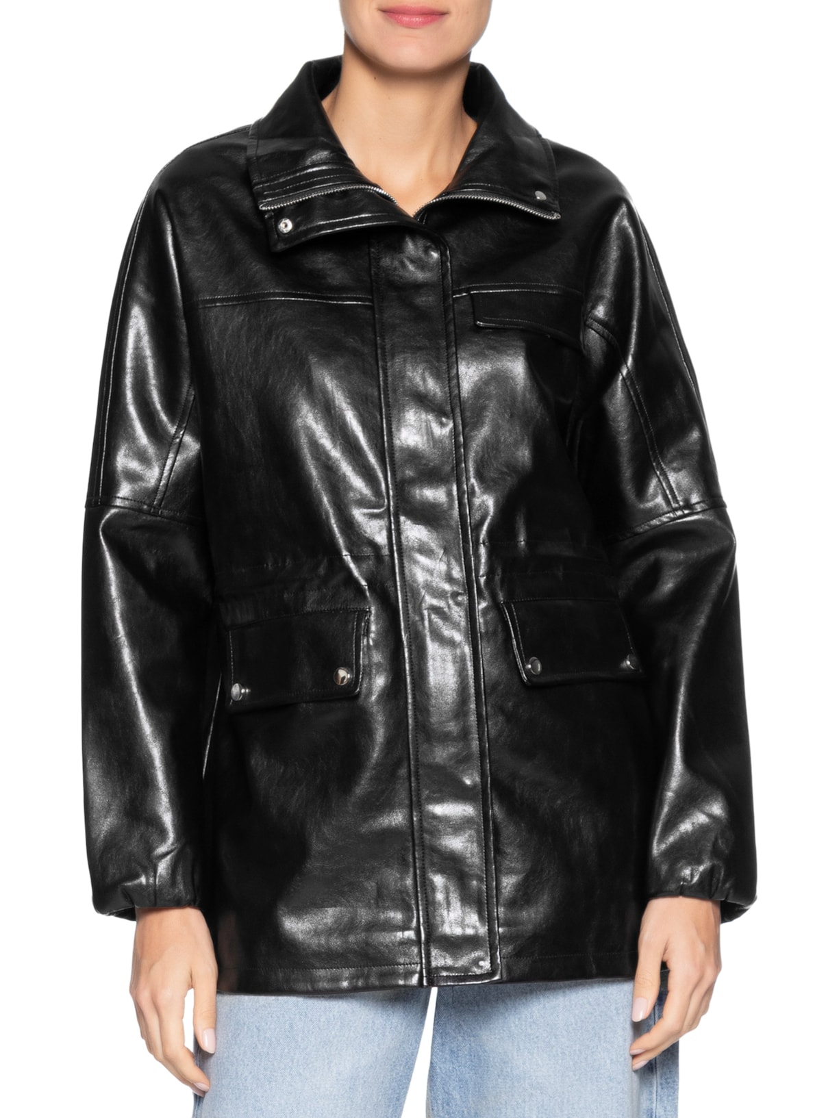 Parka Feminina Utilitária Gola Alta Preto Basiq