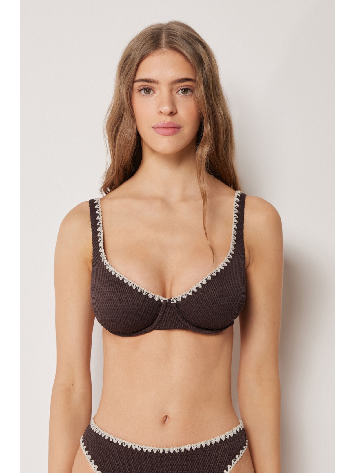 Parte De Cima De Biquíni Balconette Bicolor Embroidery Marrom Calzedonia