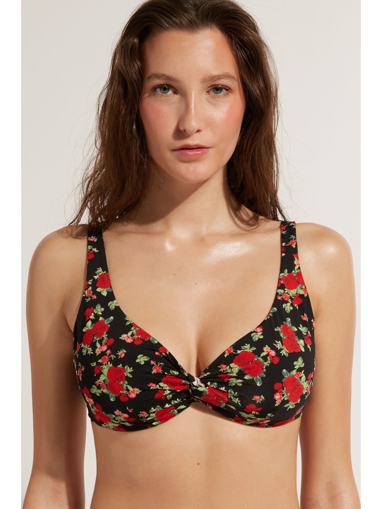 Parte De Cima De Biquíni Balconette Com Estampa De Rosas e Animal Nizza Preto Calzedonia