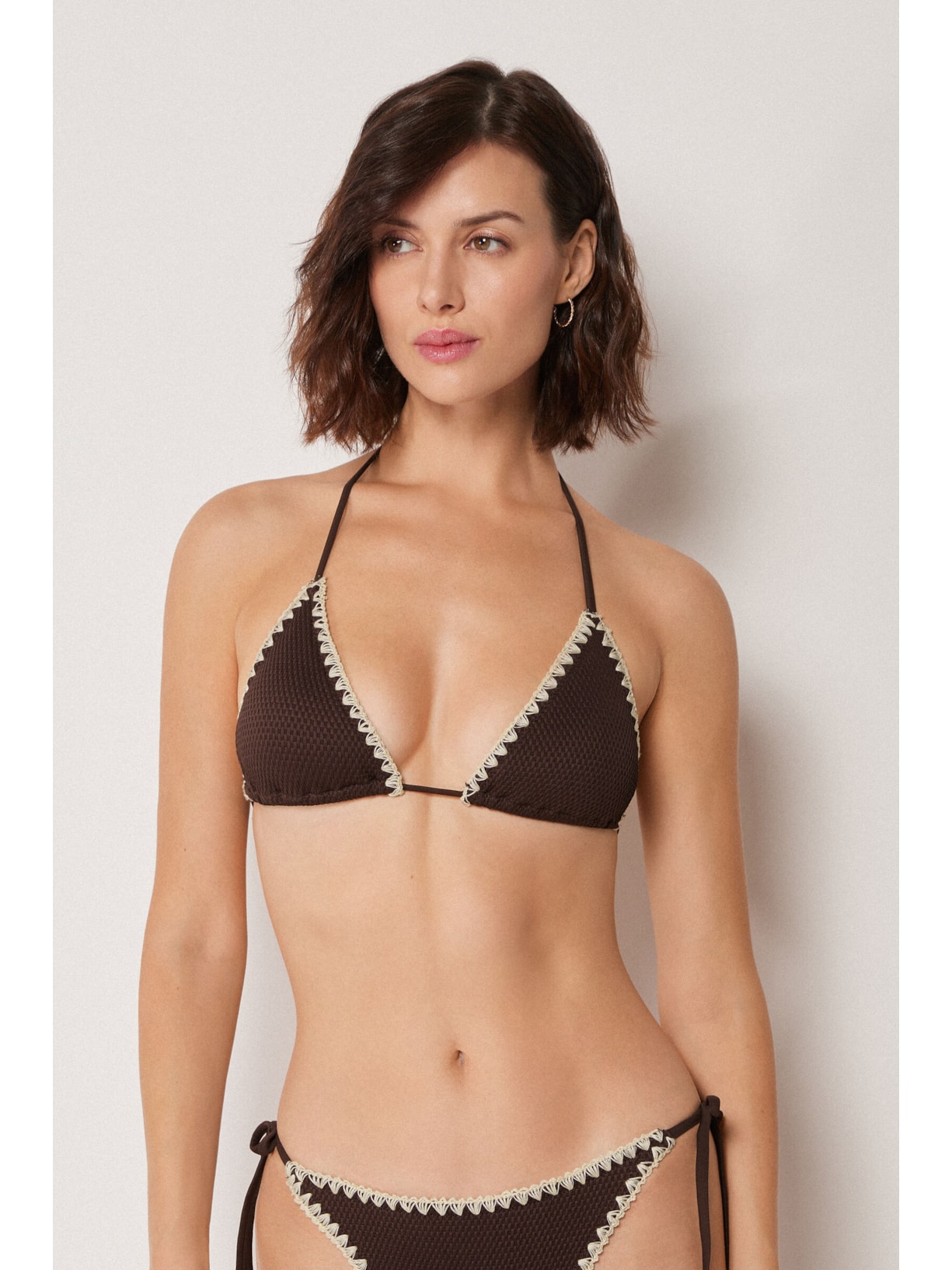 Parte De Cima De Biquíni Cortininha Bicolor Embroidery Marrom Calzedonia