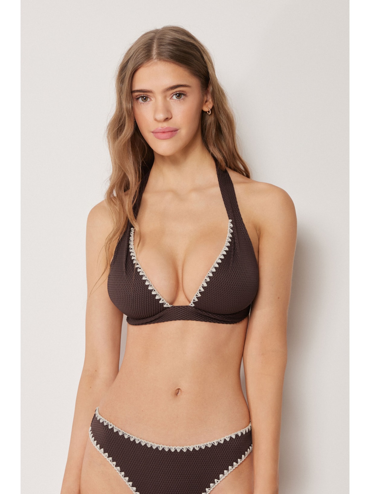 Parte De Cima De Biquíni Triângulo Almofadado Bicolor Embroidery Marrom Calzedonia