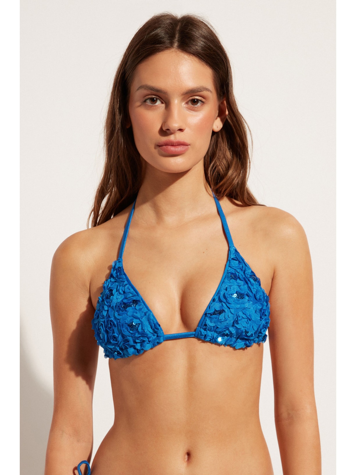Parte De Cima De Biquíni Triângulo Cortininha Com Flores e Paetês Parigi Azul Calzedonia