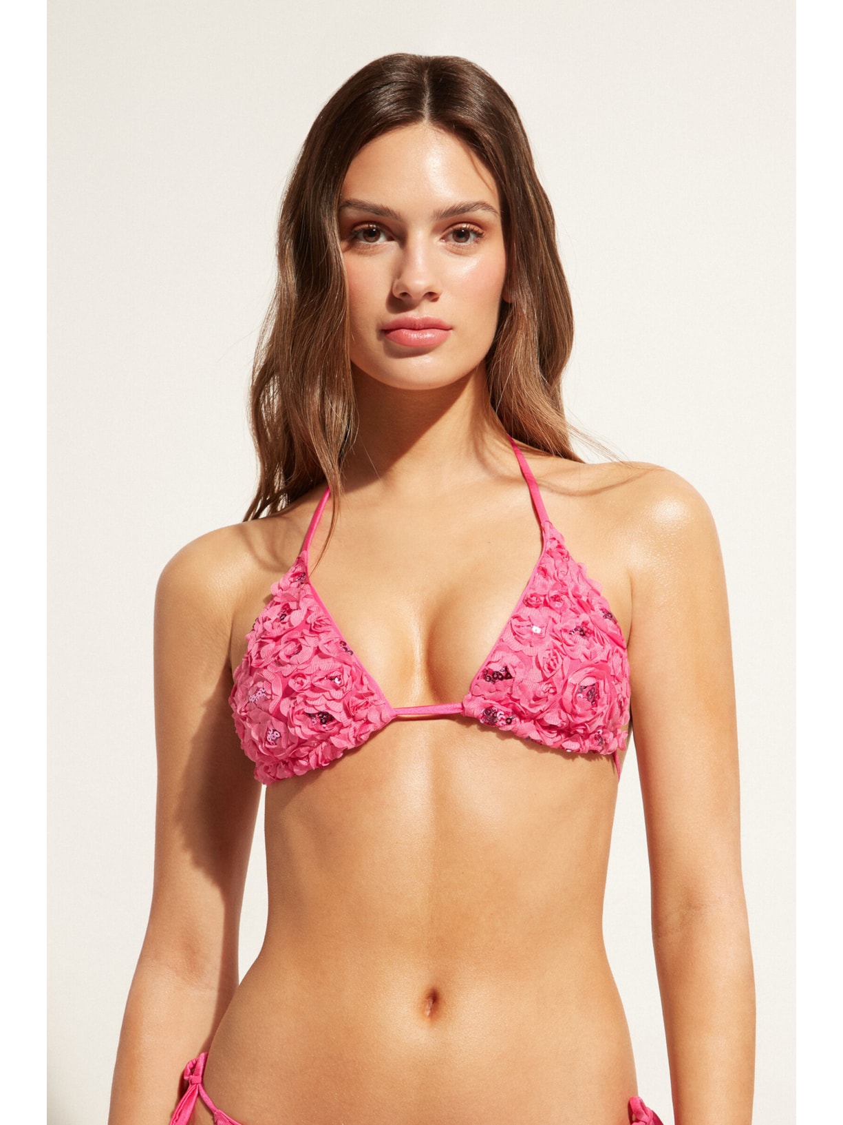 Parte De Cima De Biquíni Triângulo Cortininha Com Flores e Paetês Parigi Rosa Calzedonia