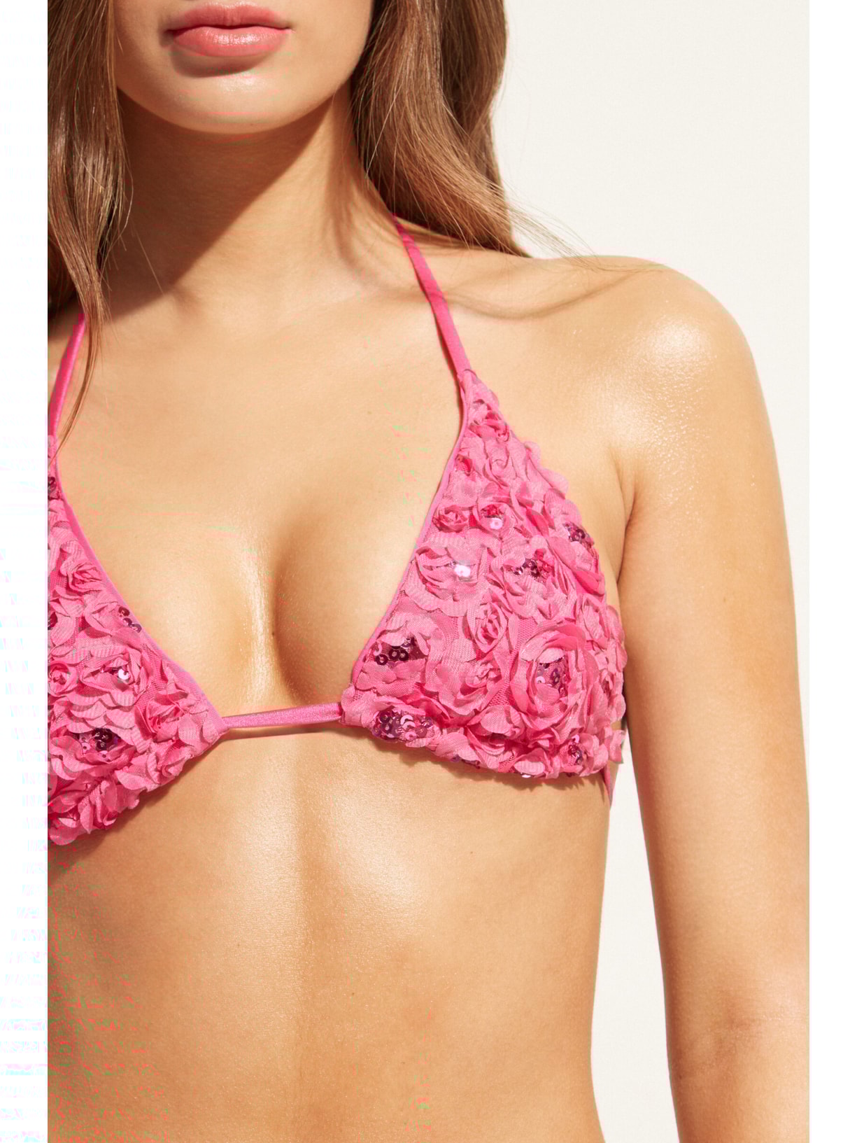 Parte De Cima De Biquíni Triângulo Cortininha Com Flores e Paetês Parigi Rosa Calzedonia