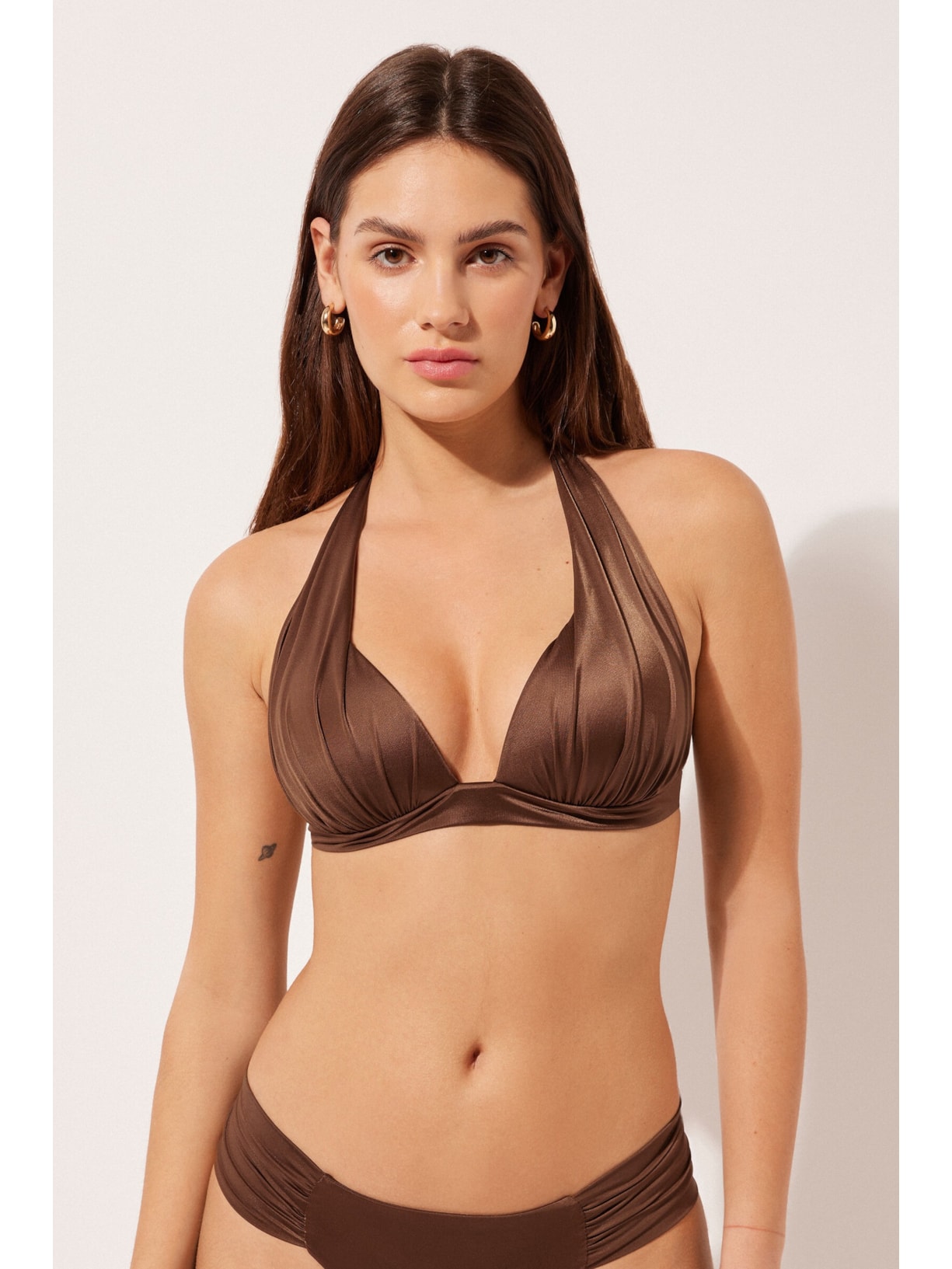 Parte De Cima De Biquíni Triângulo Shiny Satin Marrom Calzedonia