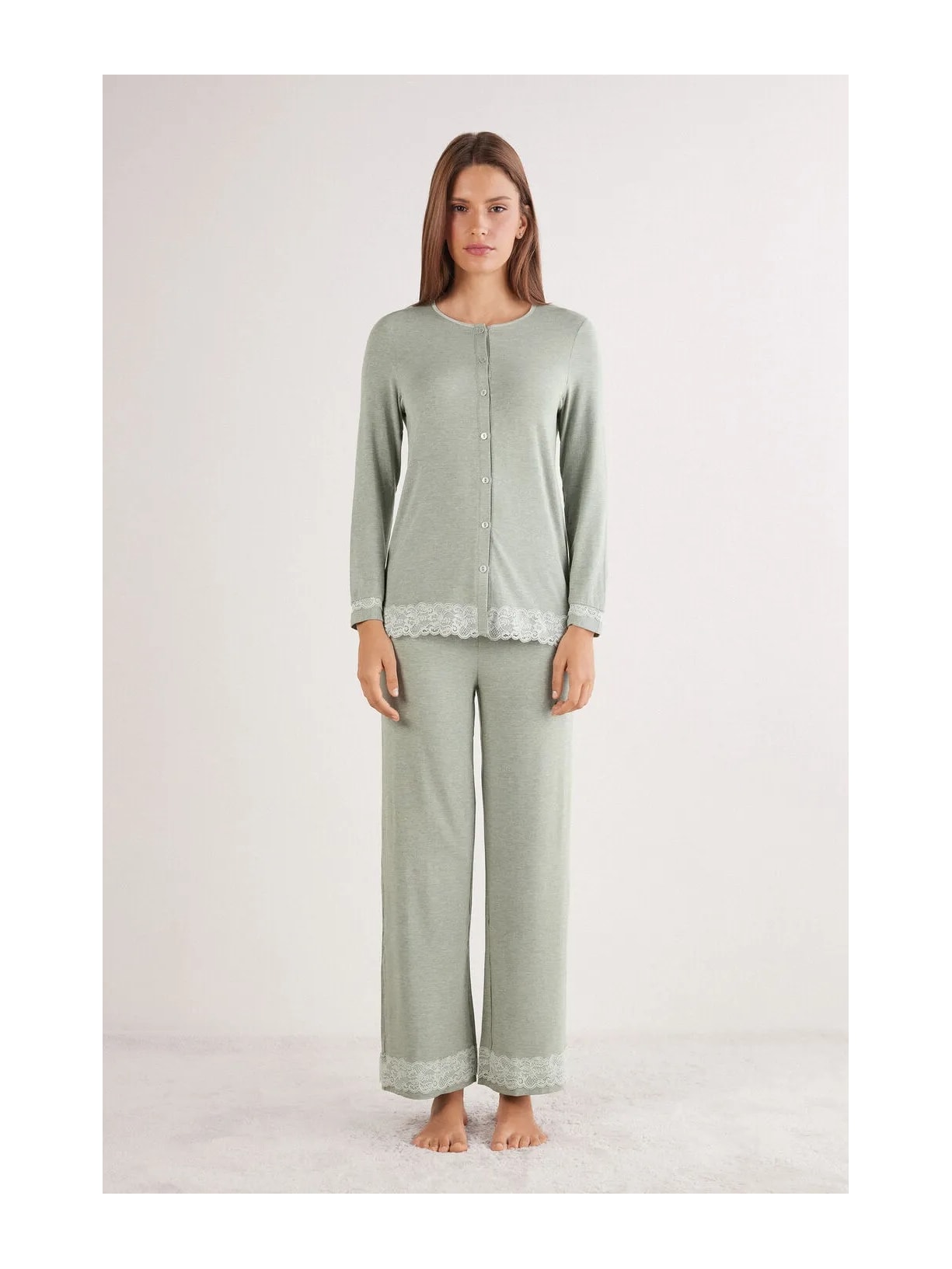Pijama Comprido Com Camisa Em Modal e Renda Verde Intimissimi