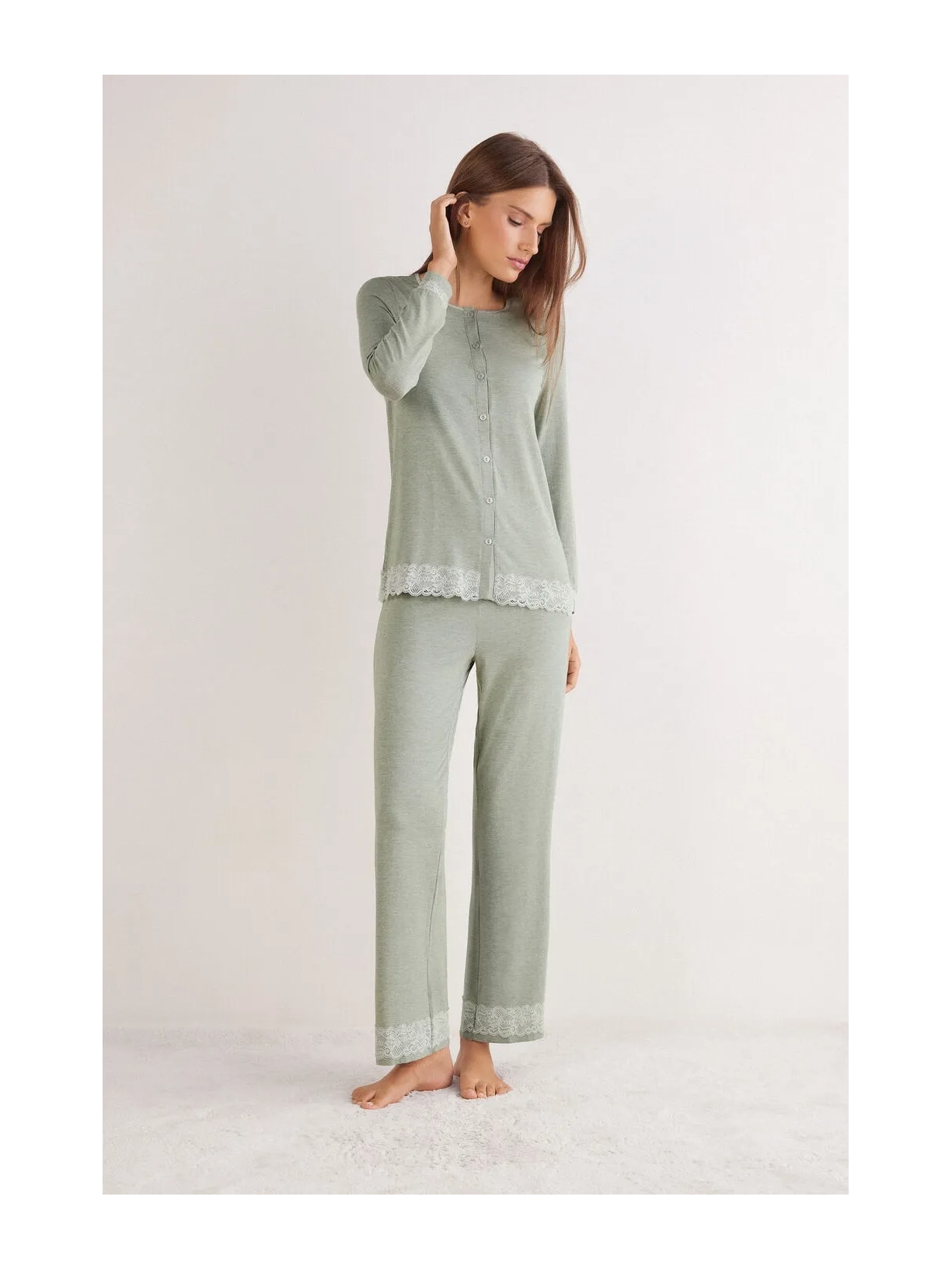 Pijama Comprido Com Camisa Em Modal e Renda Verde Intimissimi