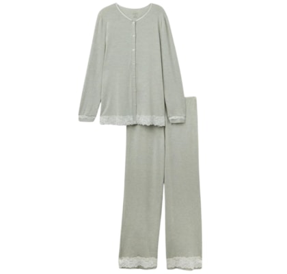 Pijama Comprido Com Camisa Em Modal e Renda - Verde