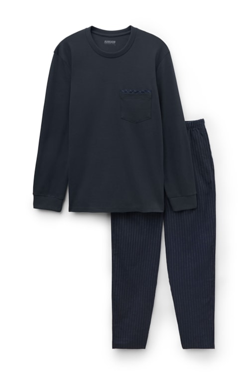 Pijama Comprido Em Algodão Com Risca De Giz - Azul