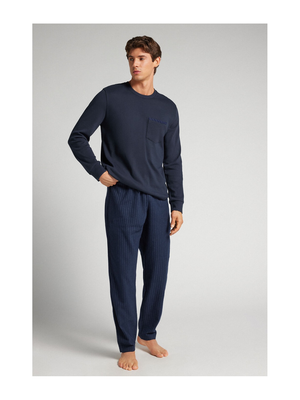 Pijama Comprido Em Algodão Com Risca De Giz Azul Intimissimi
