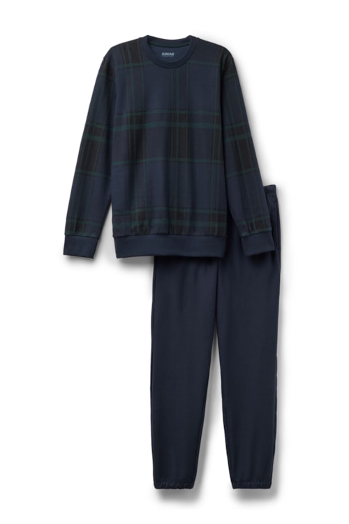 Pijama Comprido Em Algodão Xadrez - Azul