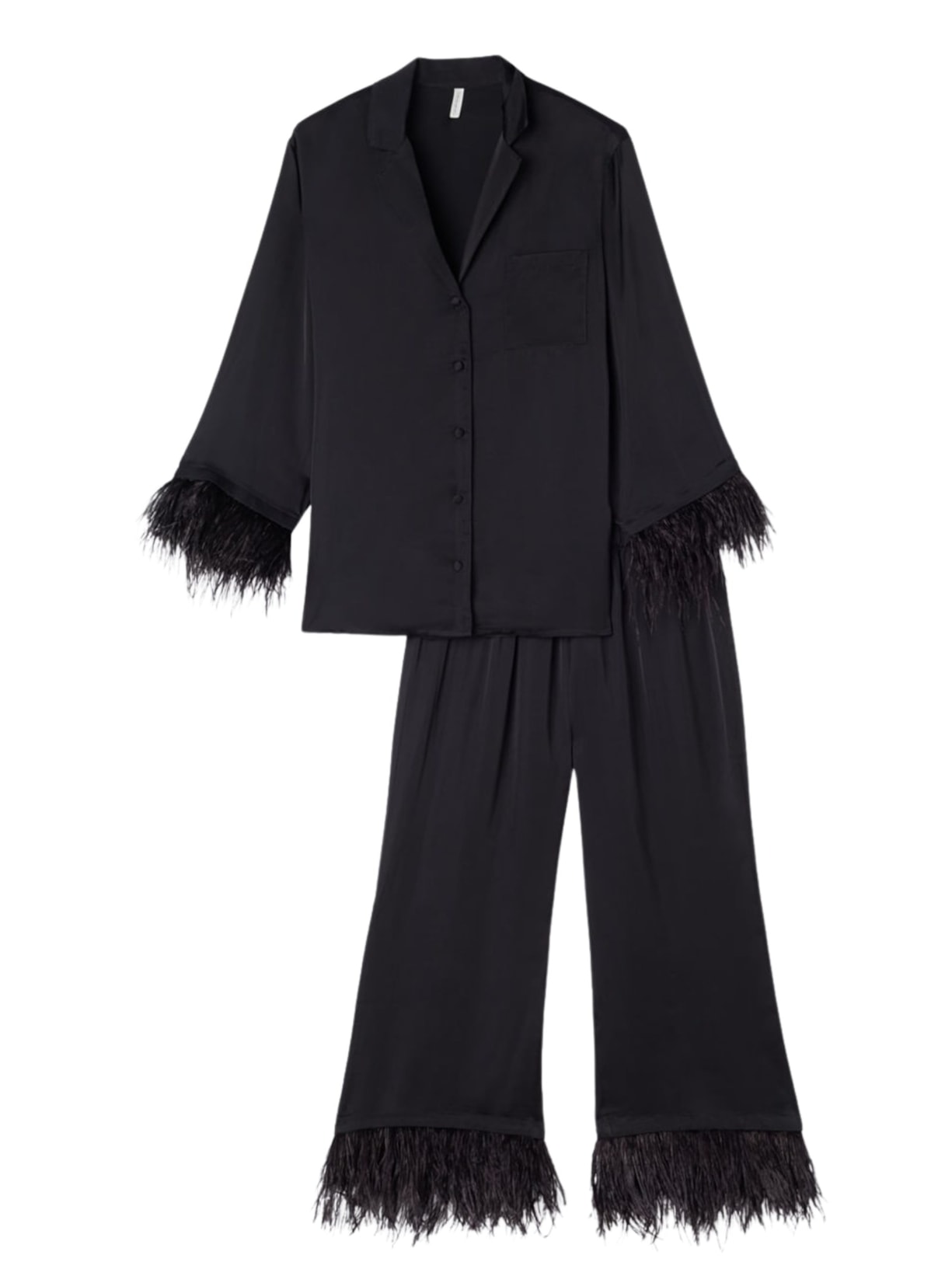 Pijama Comprido Em Cetim De Viscose Com Plumas - Preto