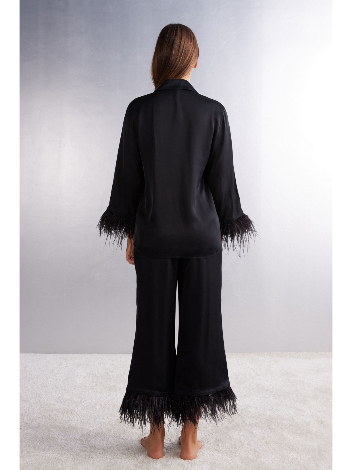 Pijama Comprido Em Cetim De Viscose Com Plumas Preto Intimissimi