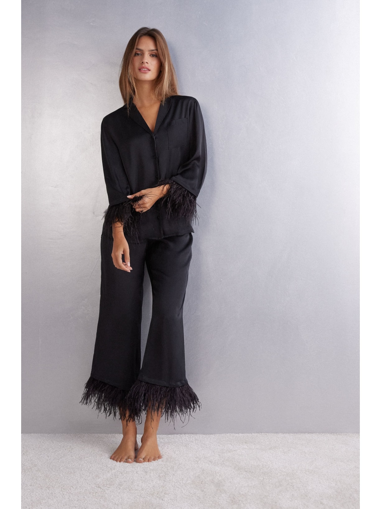 Pijama Comprido Em Cetim De Viscose Com Plumas Preto Intimissimi