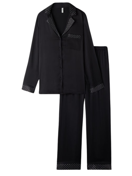 Pijama Comprido Em Cetim Sparkling Night - Preto