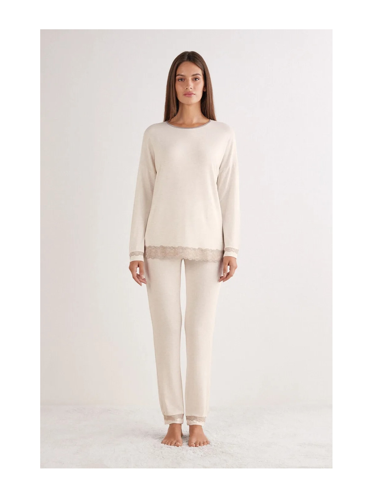 Pijama Comprido Em Modal Com Renda Off-White Intimissimi