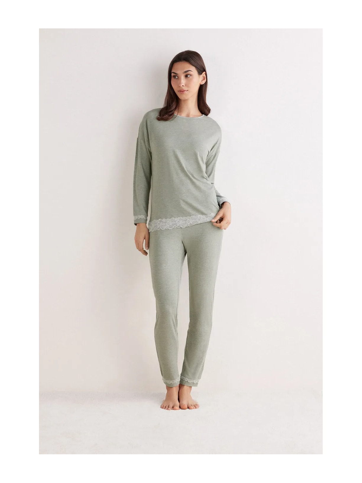 Pijama Comprido Em Modal Com Renda Verde Intimissimi