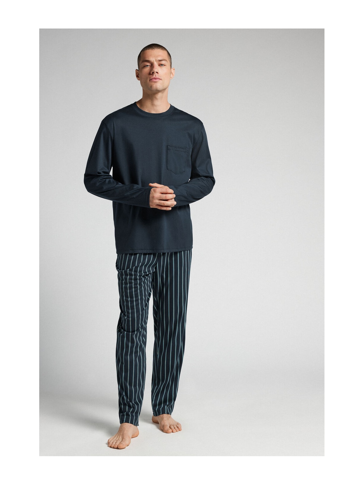 Pijama Comprido Listrado Em Algodão Premium Azul Intimissimi