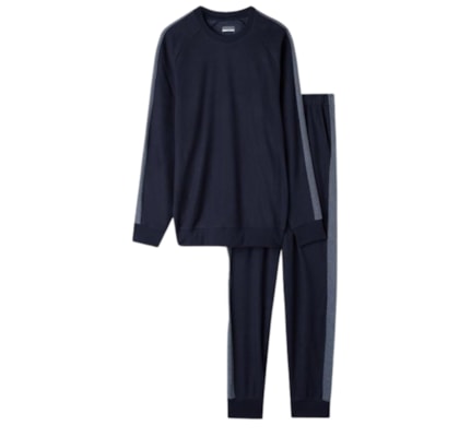 Pijama Comprido Tricô Com Faixas Laterais - Azul