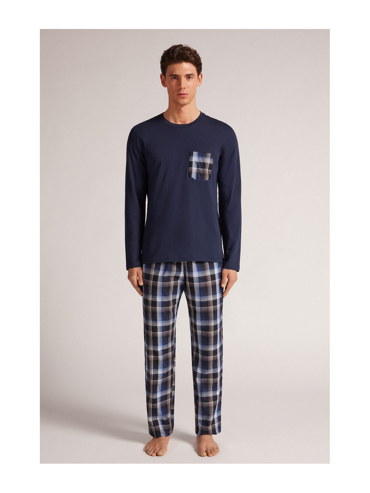 Pijama Comprido Xadrez Em Algodão Azul Intimissimi