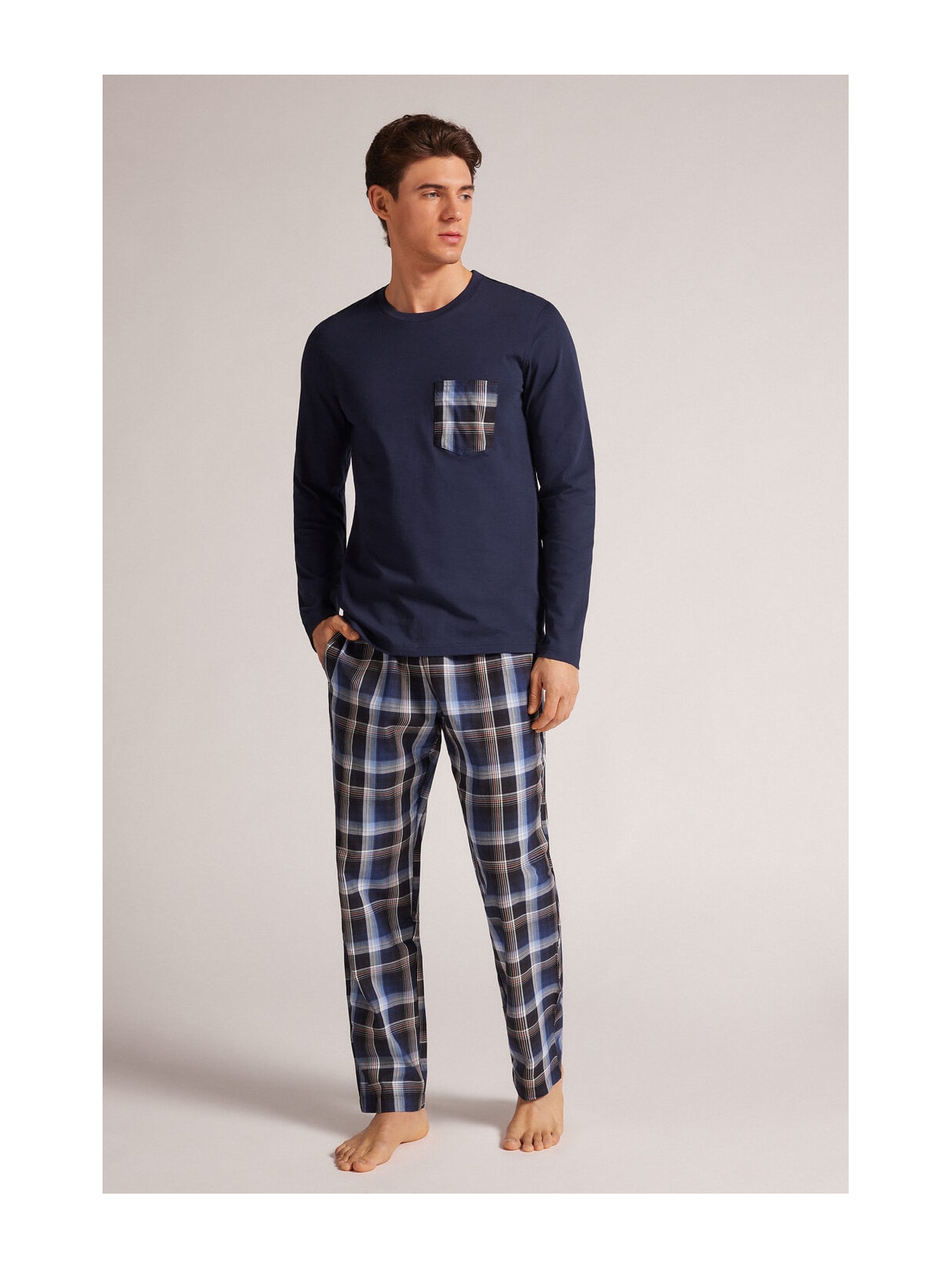 Pijama Comprido Xadrez Em Algodão Azul Intimissimi