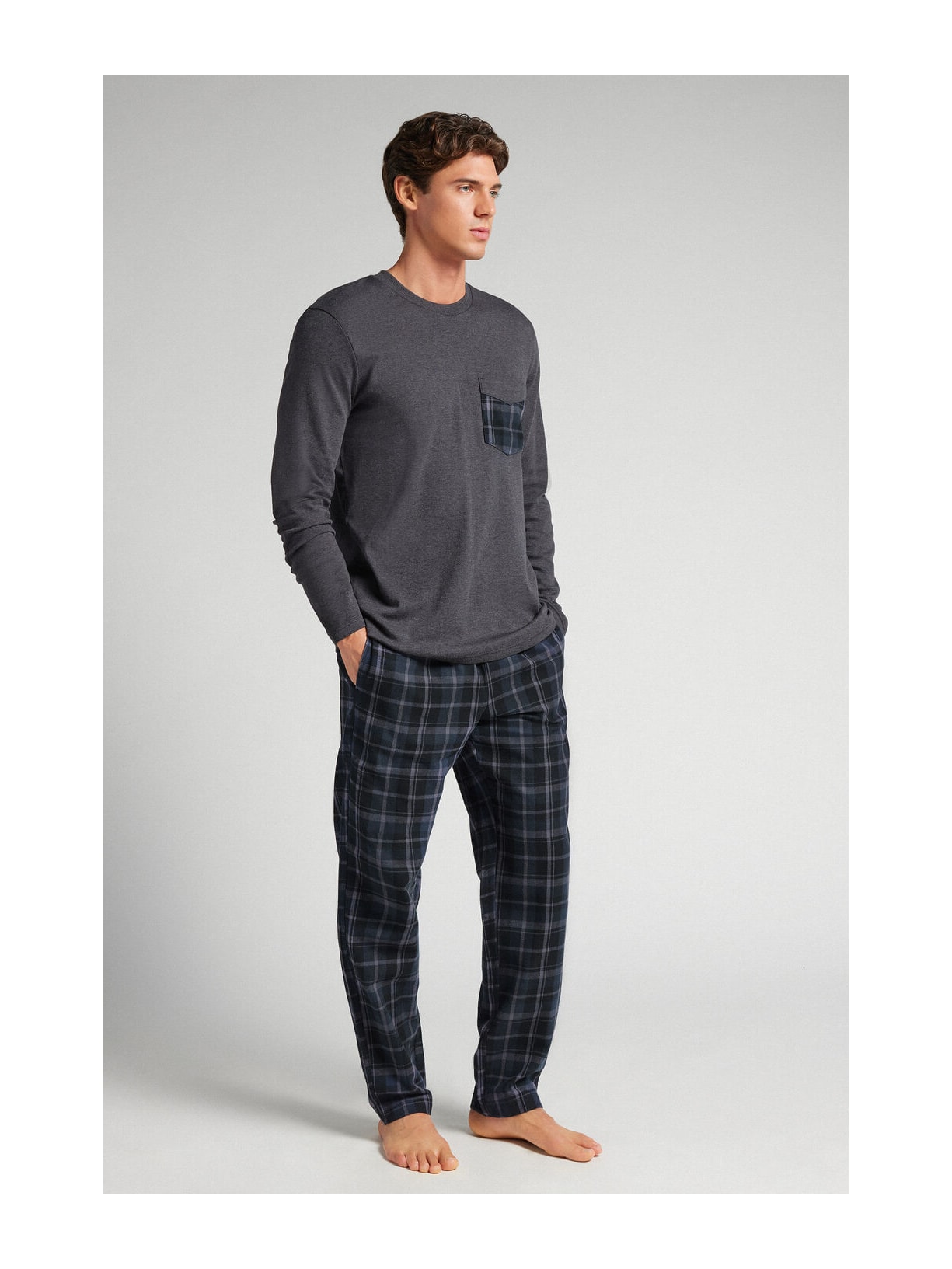 Pijama Comprido Xadrez Em Algodão Azul Intimissimi