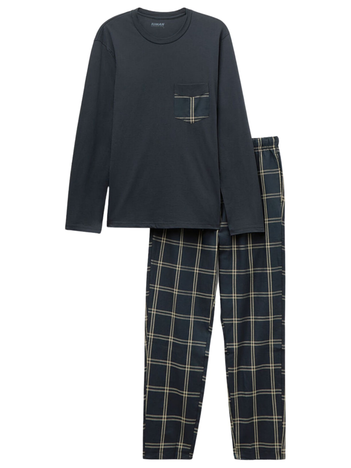 Pijama Comprido Xadrez Em Algodão - Azul