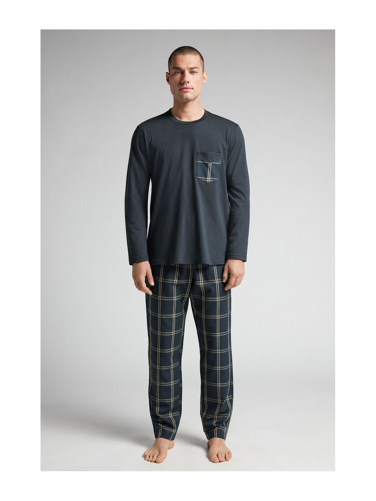 Pijama Comprido Xadrez Em Algodão Azul Intimissimi