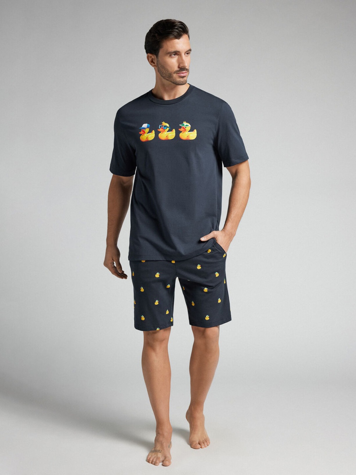 Pijama Curto Com Estampa De Patos Em Algodão Azul Intimissimi