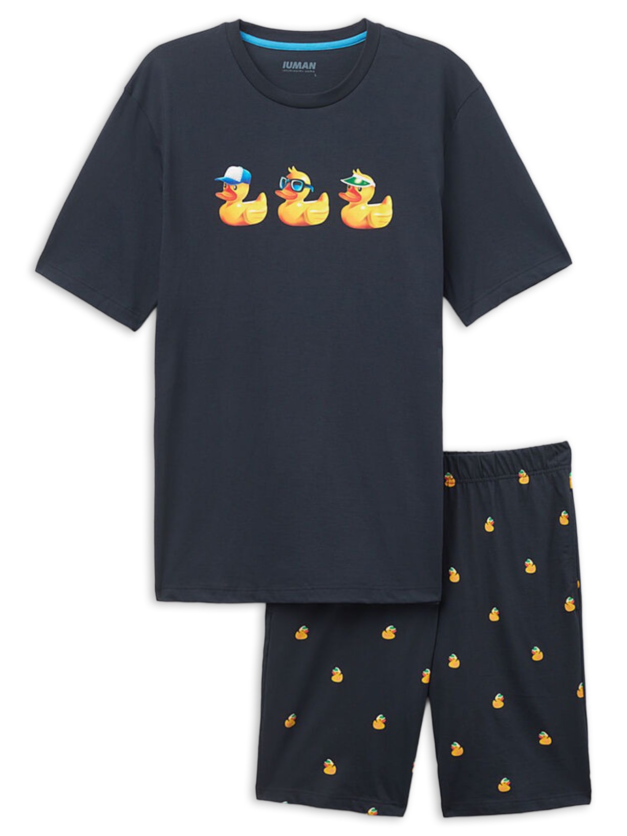 Pijama Curto Com Estampa De Patos Em Algodão - Azul