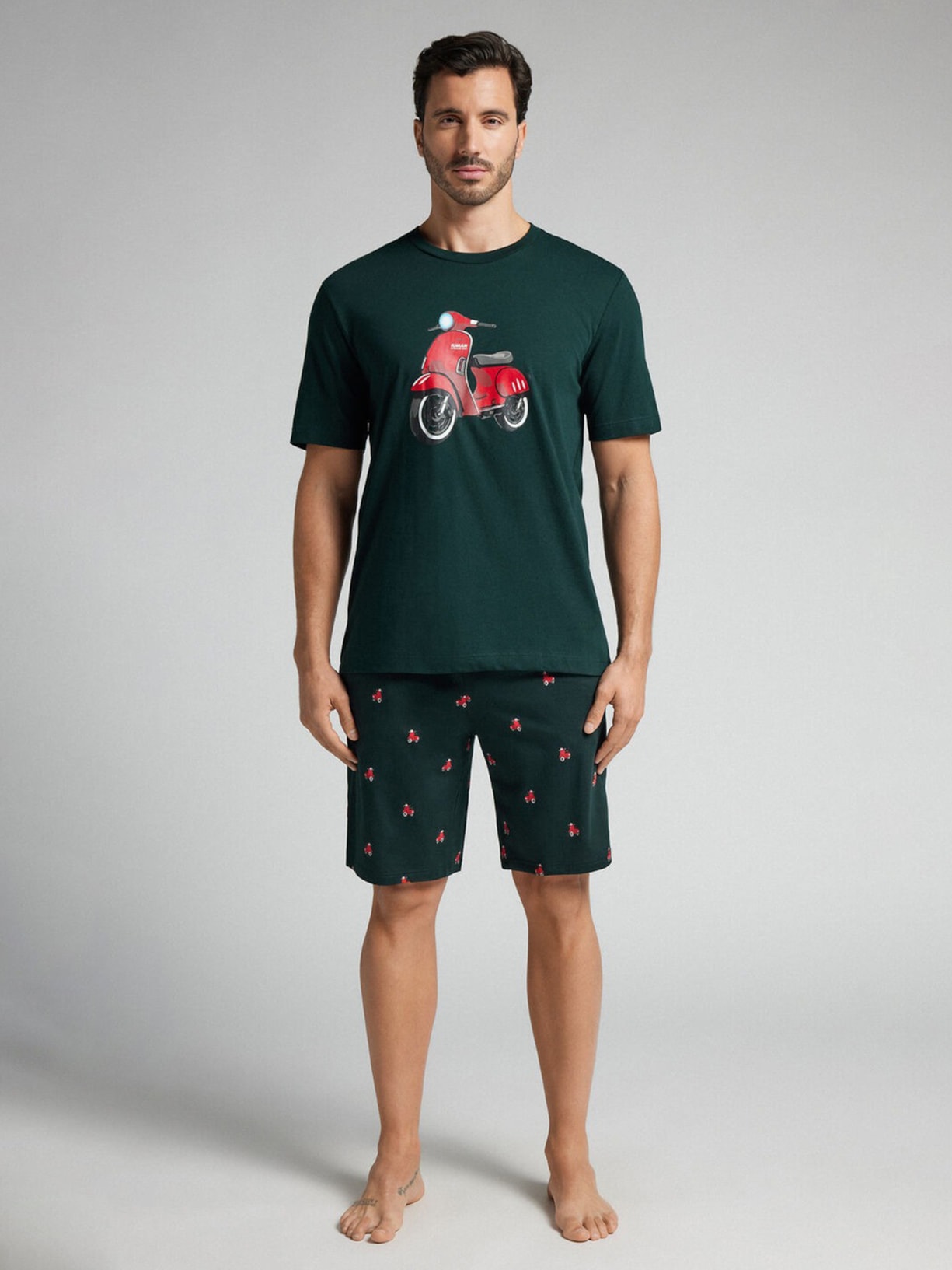 Pijama Curto Com Estampa De Scooter Em Algodão Verde Intimissimi