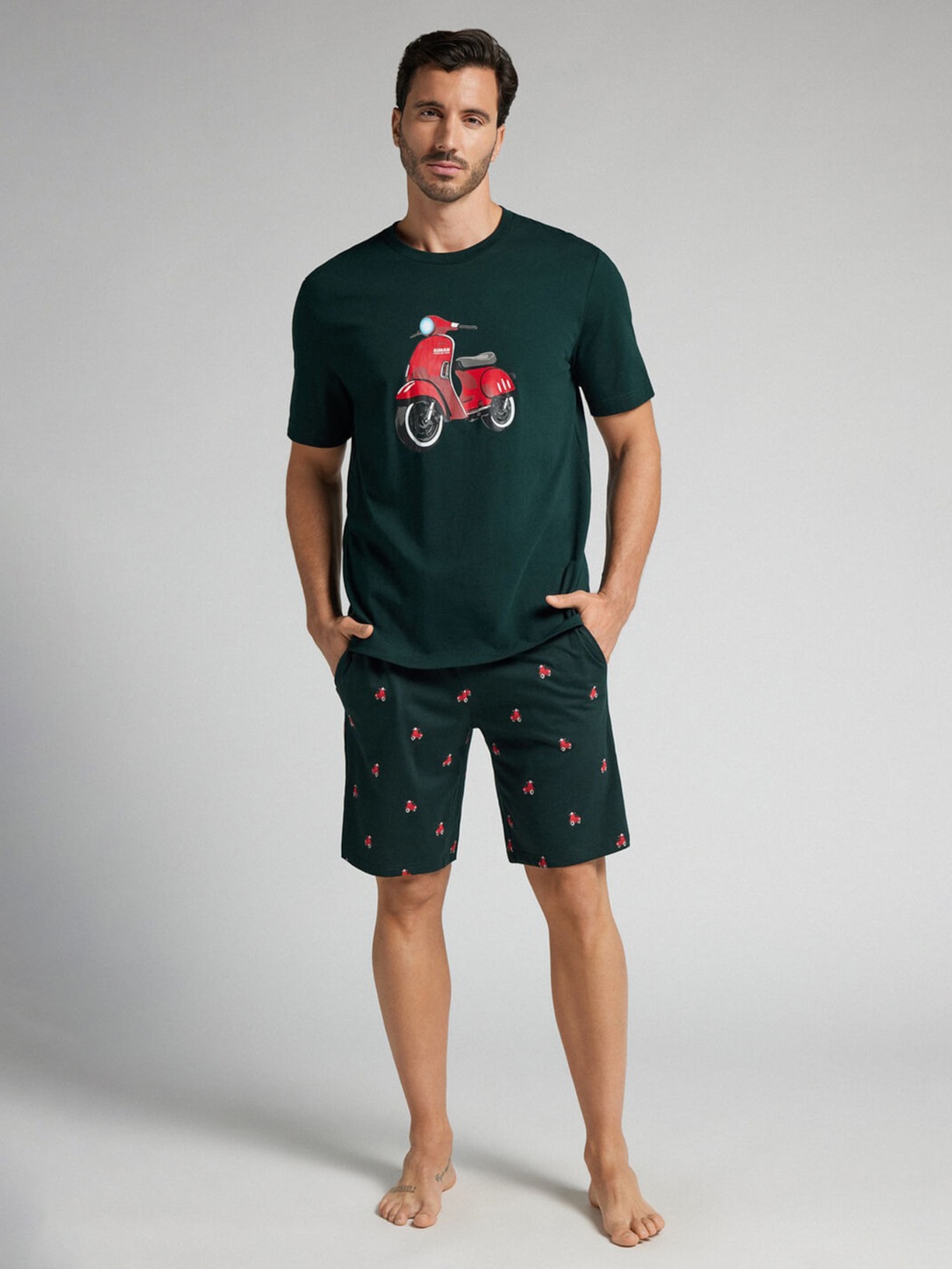Pijama Curto Com Estampa De Scooter Em Algodão Verde Intimissimi