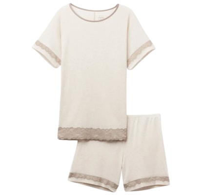 Pijama Curto Em Modal Com Renda - Off-White