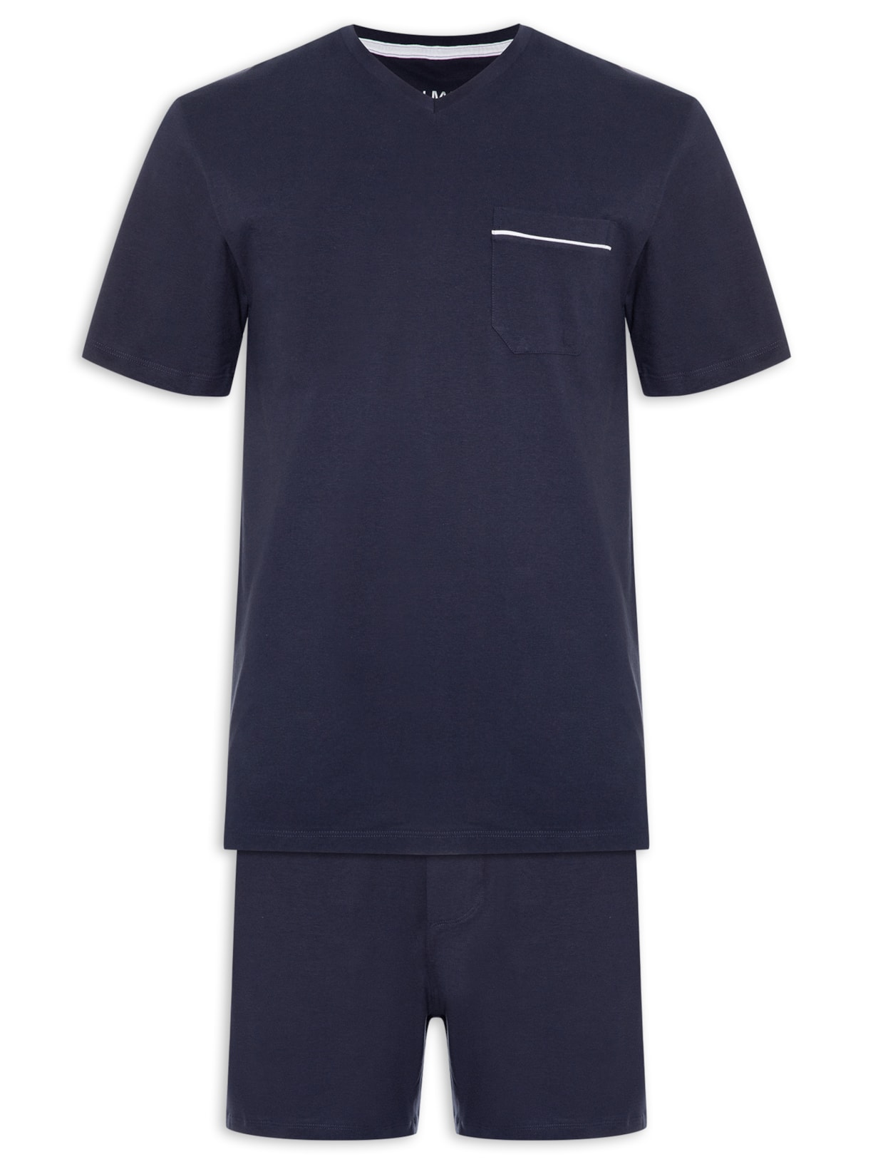 Pijama Curto Malha Gola V Com Bolso - Azul