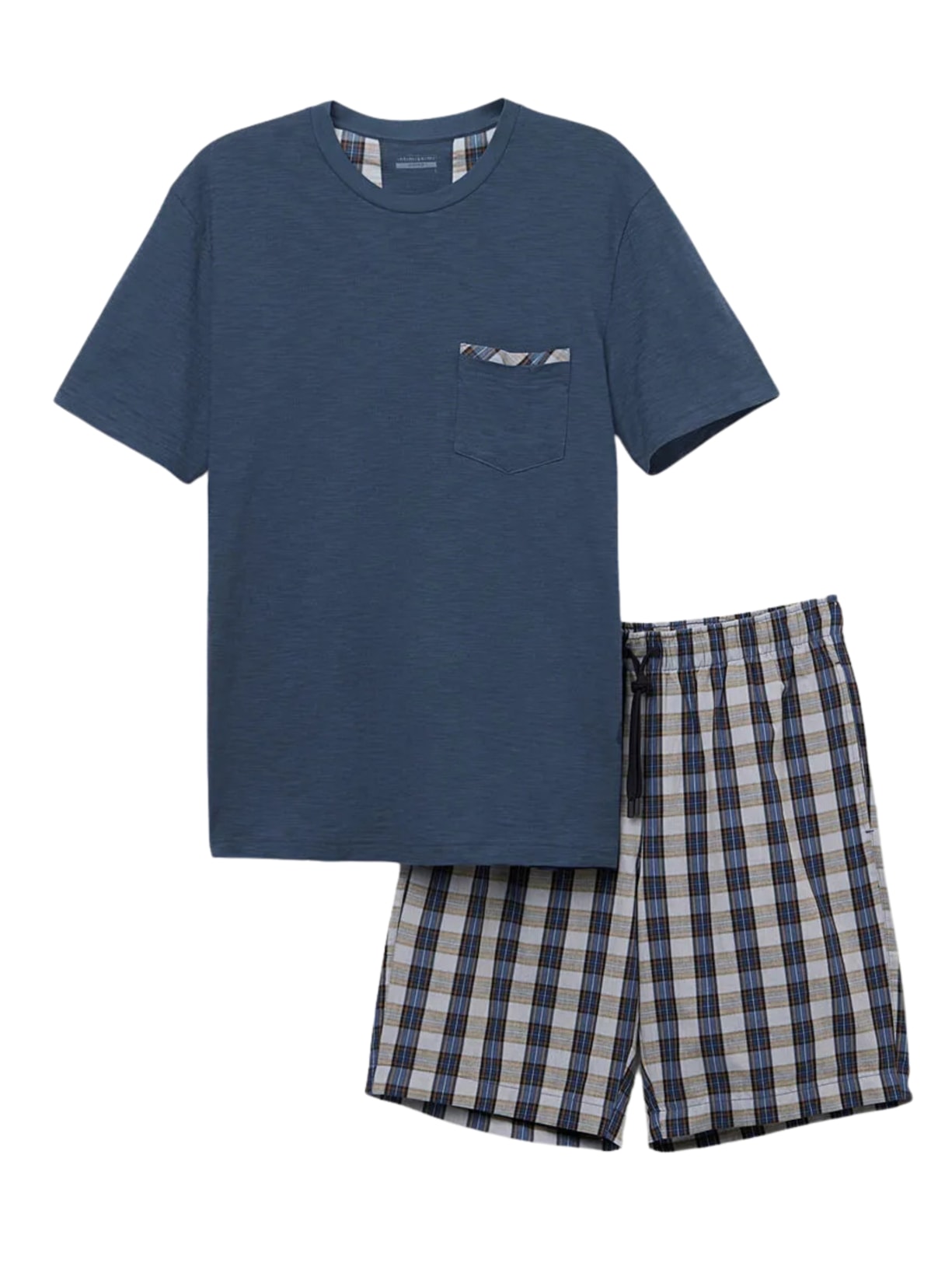 Pijama Curto Xadrez Em Algodão - Azul