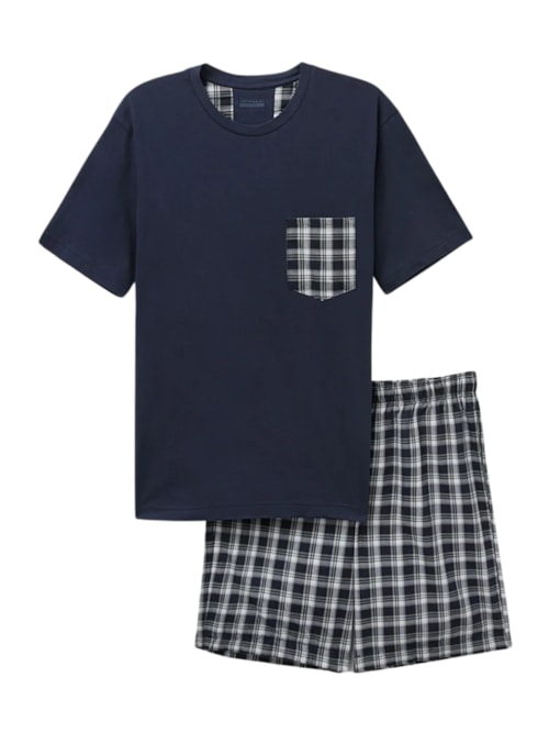 Pijama Curto Xadrez Em Algodão - Azul