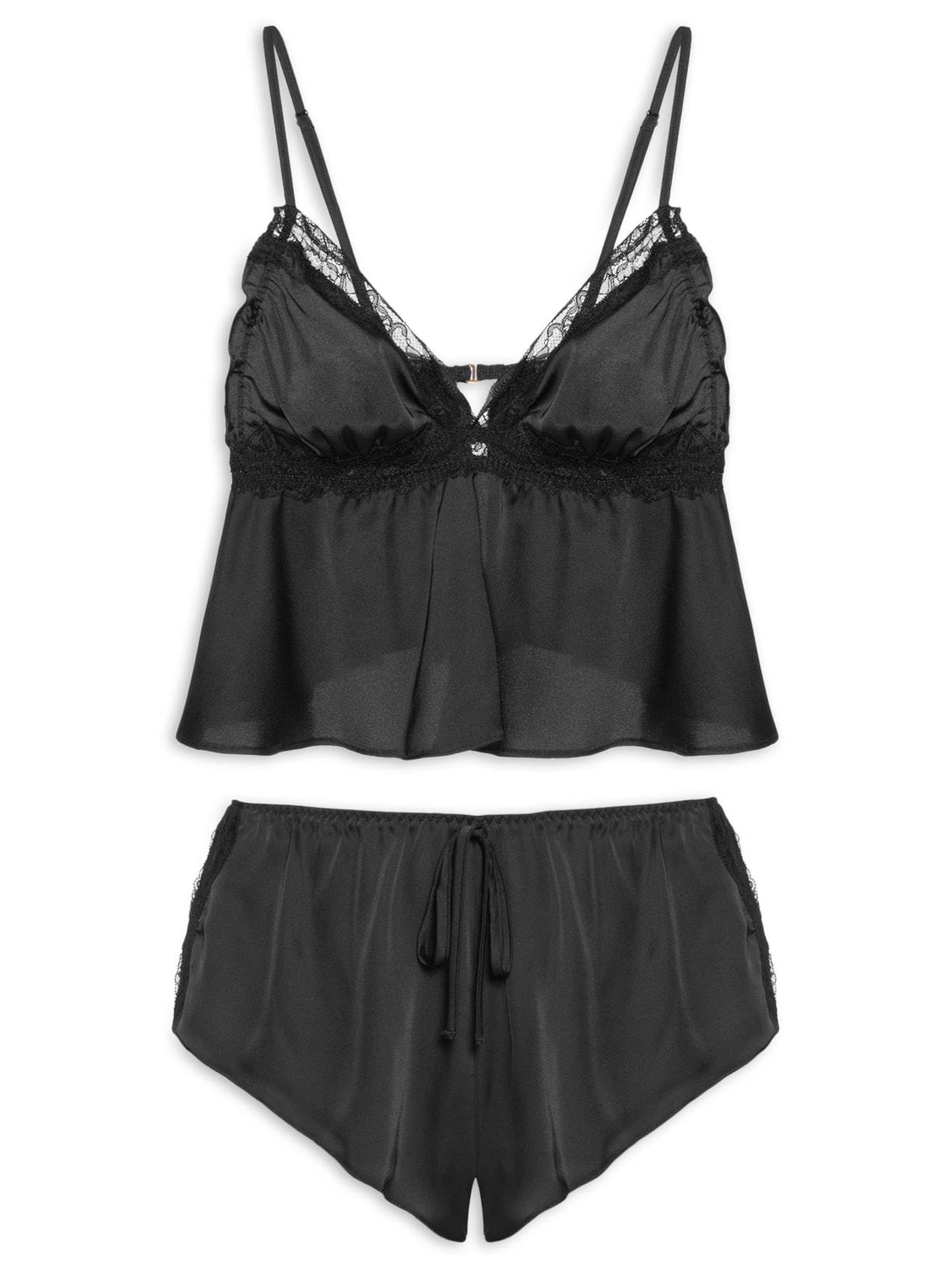 Pijama Feminino Baby Doll Alças Finas Em Cetim Com Renda Love Stories Glow Preto Hope